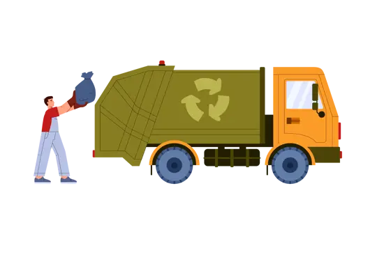 A person in red shirt and blue pants throws a trash bag into a green garbage truck with recycling symbols on the side.
