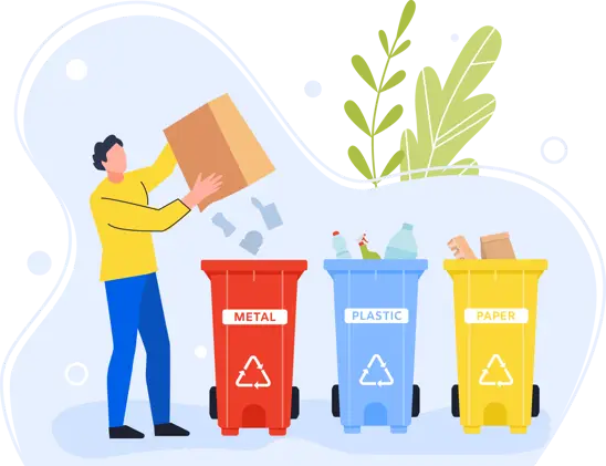 An illustration of a person recycling, placing items into red, blue, and yellow bins labeled metal, plastic, and paper. Plants are in the background, promoting an eco-friendly environment.